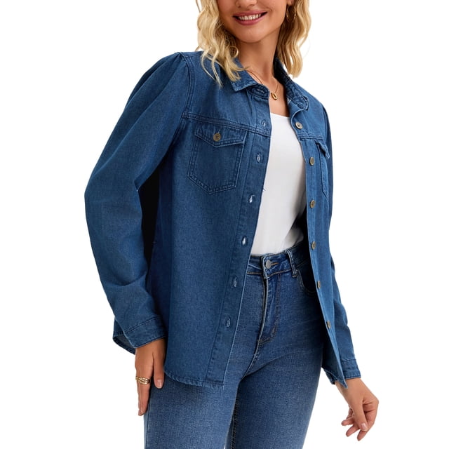 BLUSA DE MEZCLILLA CHIC INSPIRADA para Mujeres, Camisa de Manga Larga Abullonada con Botones y Bolsillo, Top Casual de Jean M Azul Oscuro