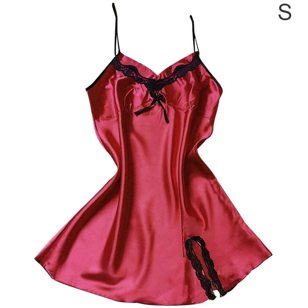 Camison de encaje con cuello en V y espalda descubierta camison sedoso ropa de dormir para mujer rojo vino S Kearding AP001175 01B Walmart en linea