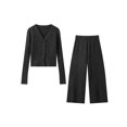 thumbnail image 4 of HH TRAF Conjunto de 2 piezas para mujer, elegante top de punto con escote en V y cintura elástica de un solo pecho, pantalones holgados de cintura alta de 4 colores para mujer, 4 of 5
