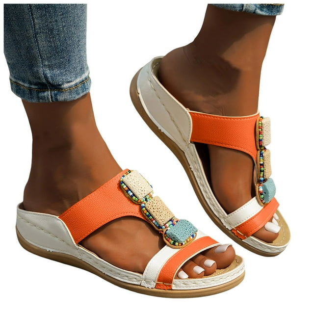Womens Boho Orthopedic Wedge Slides Sandals Ethnic Colorblock Beach Arch Support Walking Slip on Dress Shoes