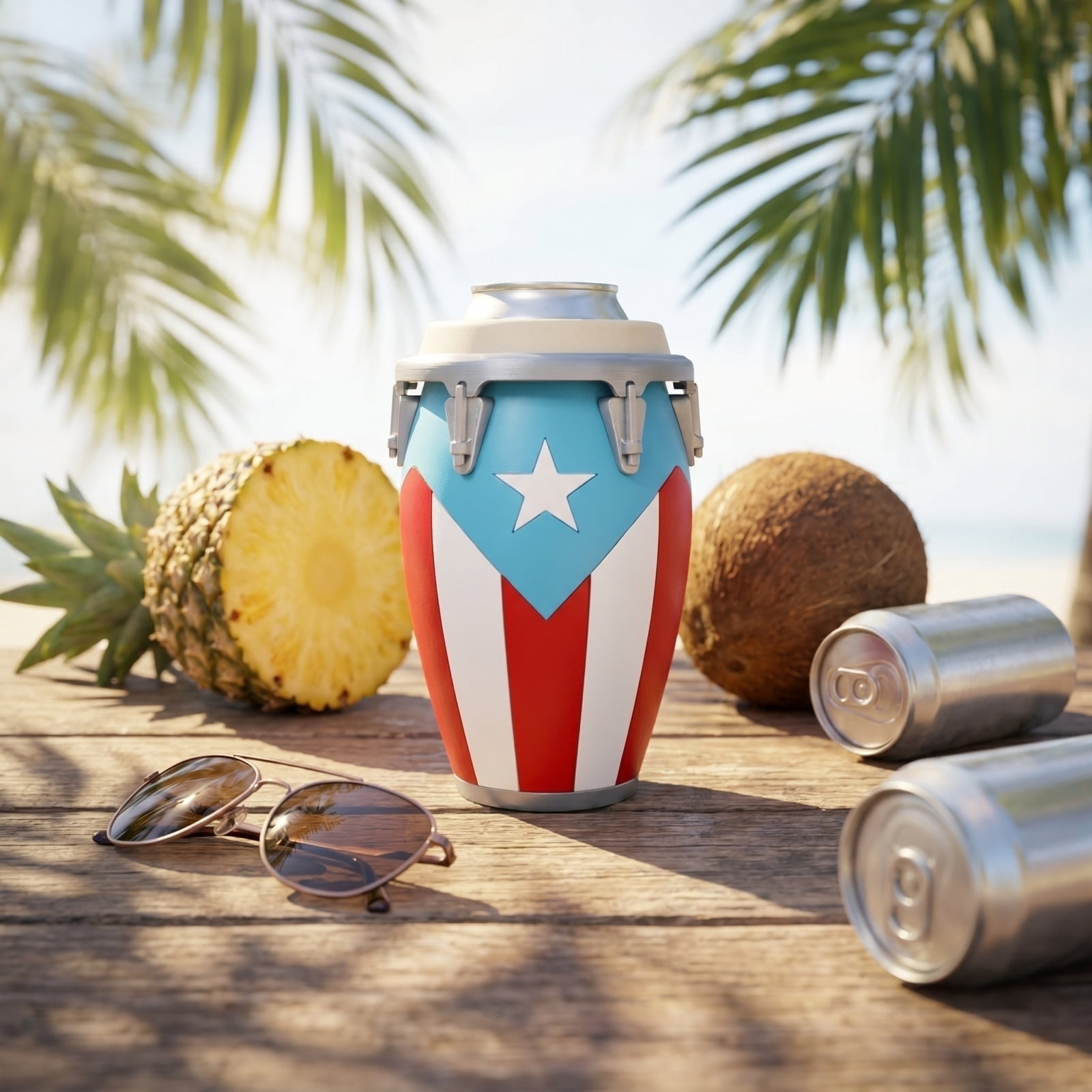 Caribbean Themed Conga-Style Can Holder, Puerto Rican & Cuban Flag Insulated Can Sleeve, Sturdy 12oz Beverage Holder Ideal Holiday Gift Bu
