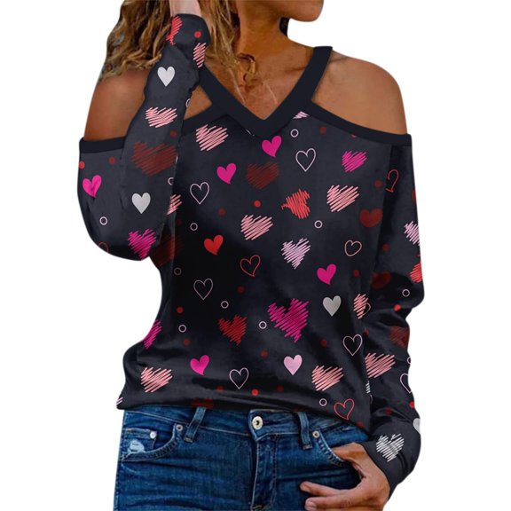 Womens Valentines Shirt Love Heart Graphic Tops Shirt Neck Strapless V-neck Sexy Long-sleeved Sexy Shirt Plus Size Clothes
