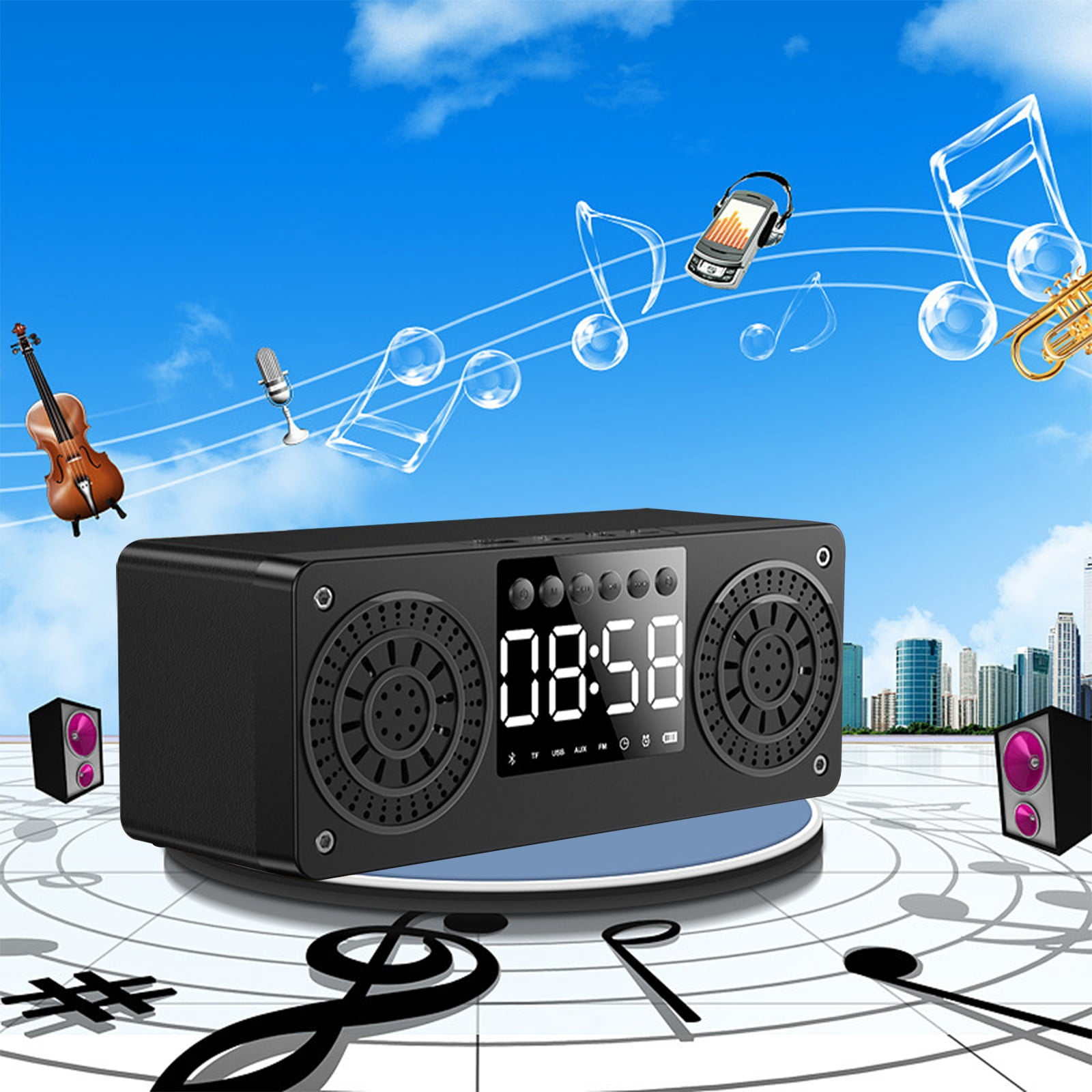 maho A10 Wooden Clock Multi-function Bluetooth Audio U Disk Card Gift Gift Mobile Phone Computer Speaker Bluetooth Speaker for Gift, Shower, Party, Home, Travel