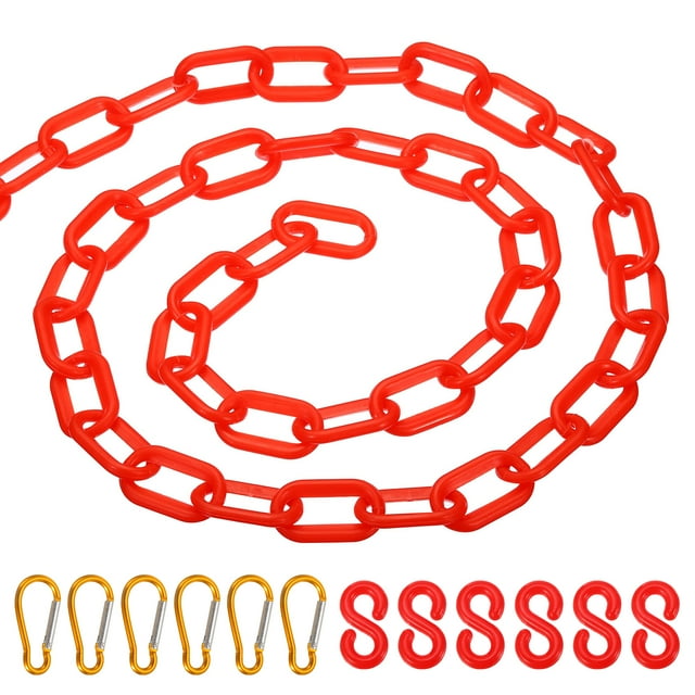 Unique Bargains 26Ft Plastic Chain Barrier, Safety Link Chain Stanchion with 6 S-Hooks and 6 Clips, Red
