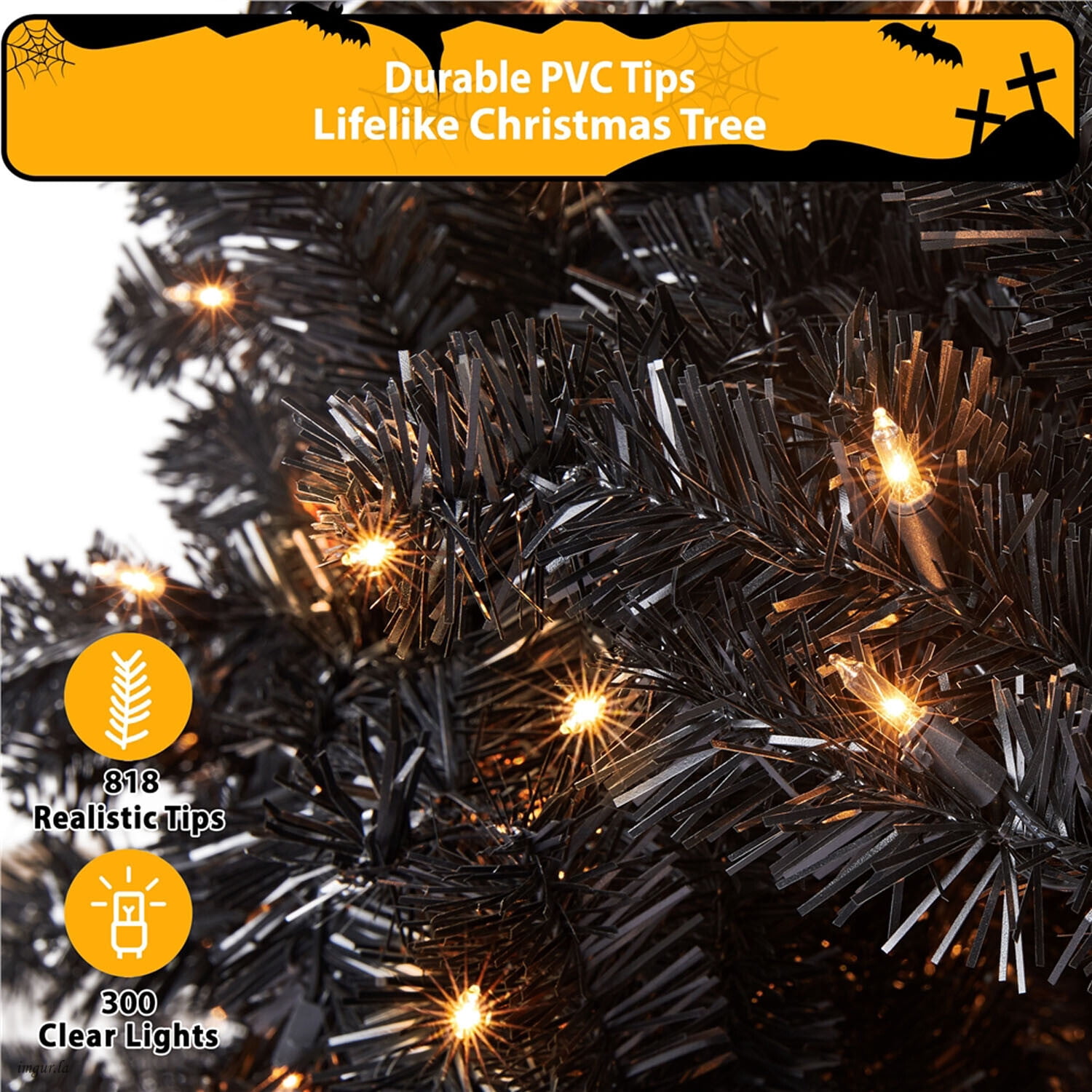 Alden Design 6FT Artificial Pre-lit Christmas Fir Tree with Foldable Stand,300 LED Warm Lights,Black