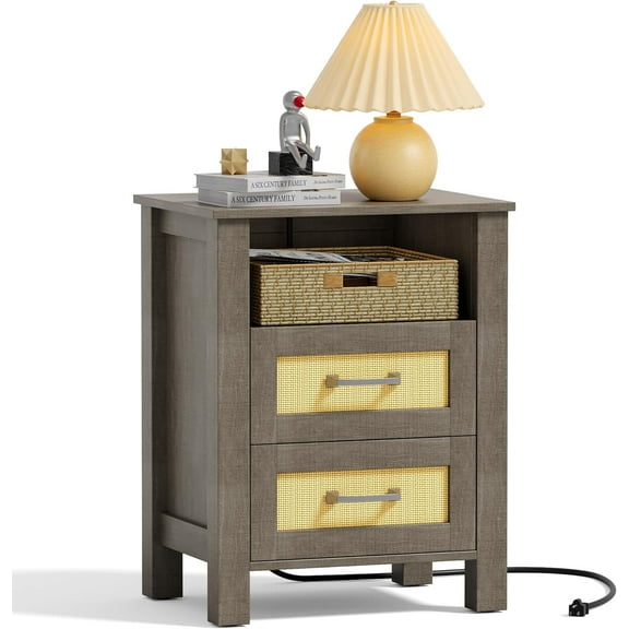 PetFurnishn 26.18" End Table with Charging Station and Rattan Drawers, Farmhouse Nighstand, Wooden Storage Bedside Table, Living Room, Bedroom(1,Vintage Gray)