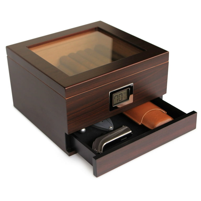 Glass Top Handcrafted Cedar Humidor with Front Digital Hygrometer