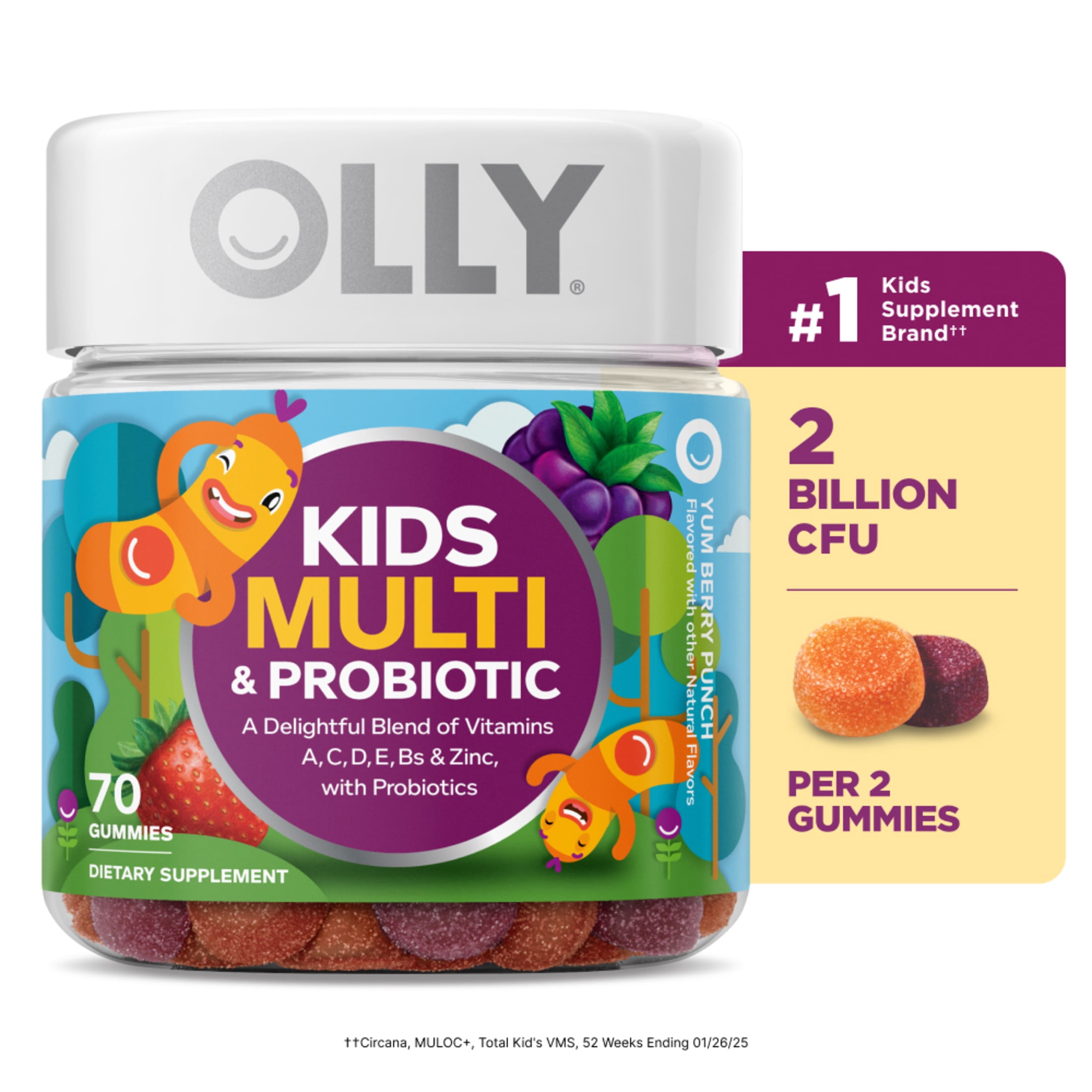 (2 pack) OLLY Kids Multivitamin + Probiotic Gummy, Daily Digestive Supplement, Zinc, Berry Flavor, 70 Count