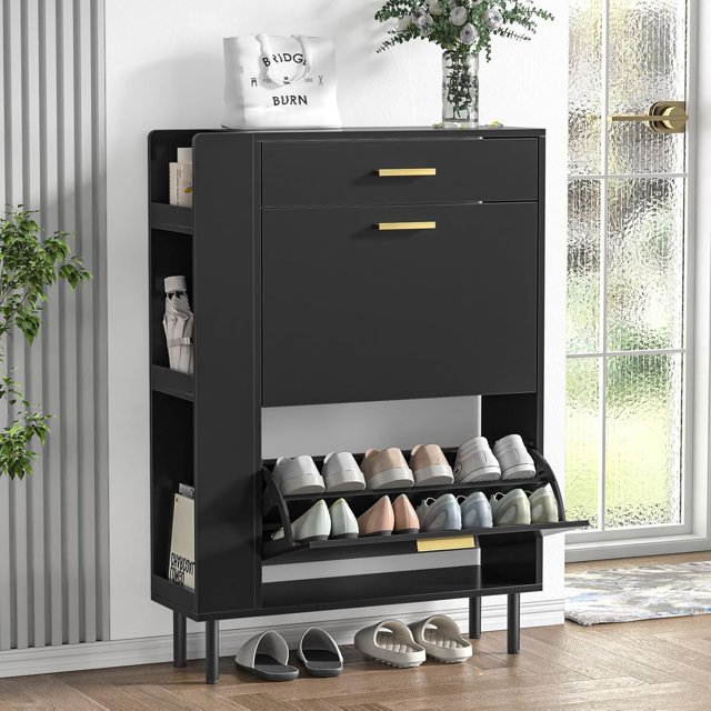 Shoe Cabinet Storage with Flip Drawers Freestanding Shoe Organizer with Metal Legs for Entryway Narrow Shoe Rack Cabinet Hidden Shoe Cabinet for Hallway/Entryway/Living Room