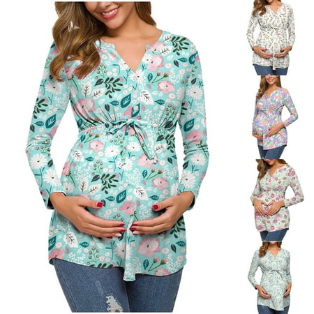 

Tejiojio Maternity/Labor/Nursing Clothing Clearance Ladies Fashion Flowers Leaf Print Long Sleeve Waistband Maternity Breastfeeding Clothe Top