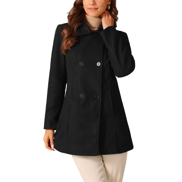 Chaqueta Peacoat de Doble Botonadura para Mujeres de Mangas Largas de Invierno L Negra