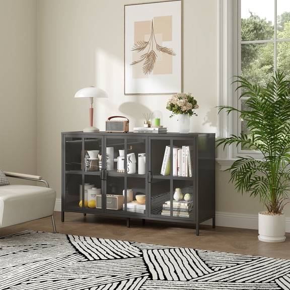 Berlinde 33.52-inch Black Three Door Metal Sideboard with Clear Doors