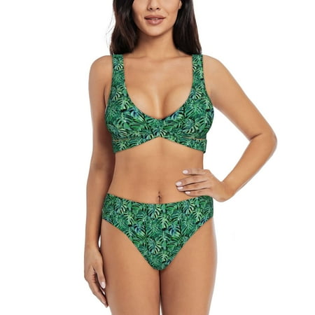 Zeuib Monstera Leaves High Waisted Tummy Control Bikini Set - Knot Front Push Up Top & Cheeky Thong Bottom  Two-Piece Swimsuit for Women-Small