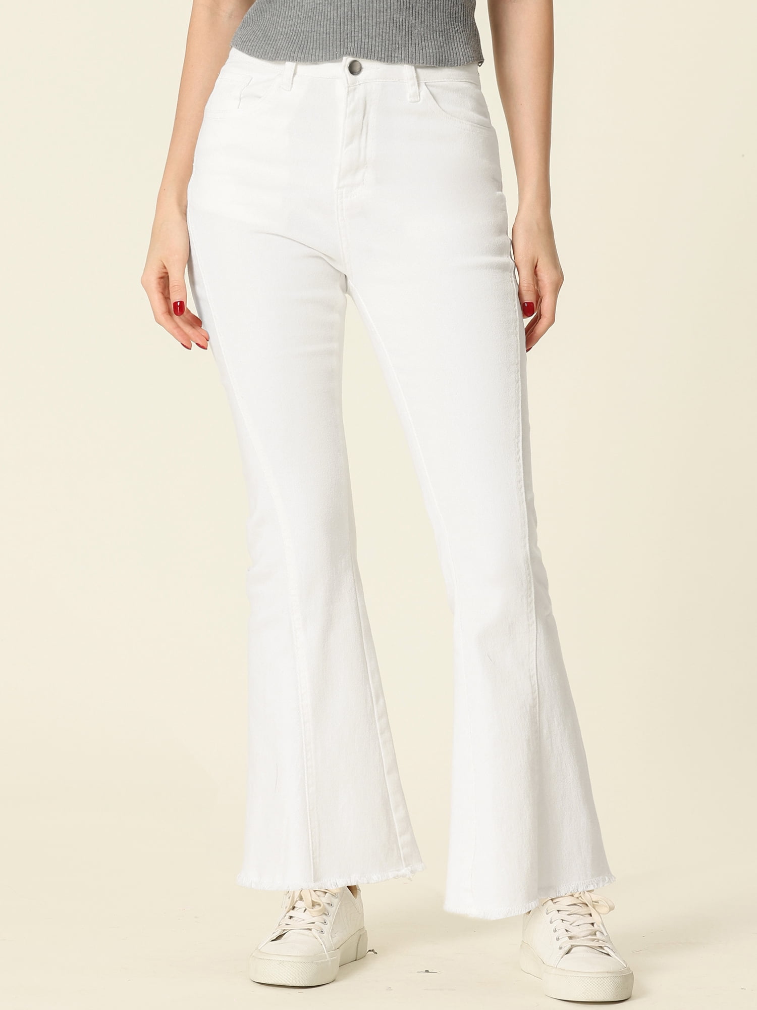 DARING DIVA Women's Flare Denim Pants High Waist Stretch Bell Bottoms Jeans S White