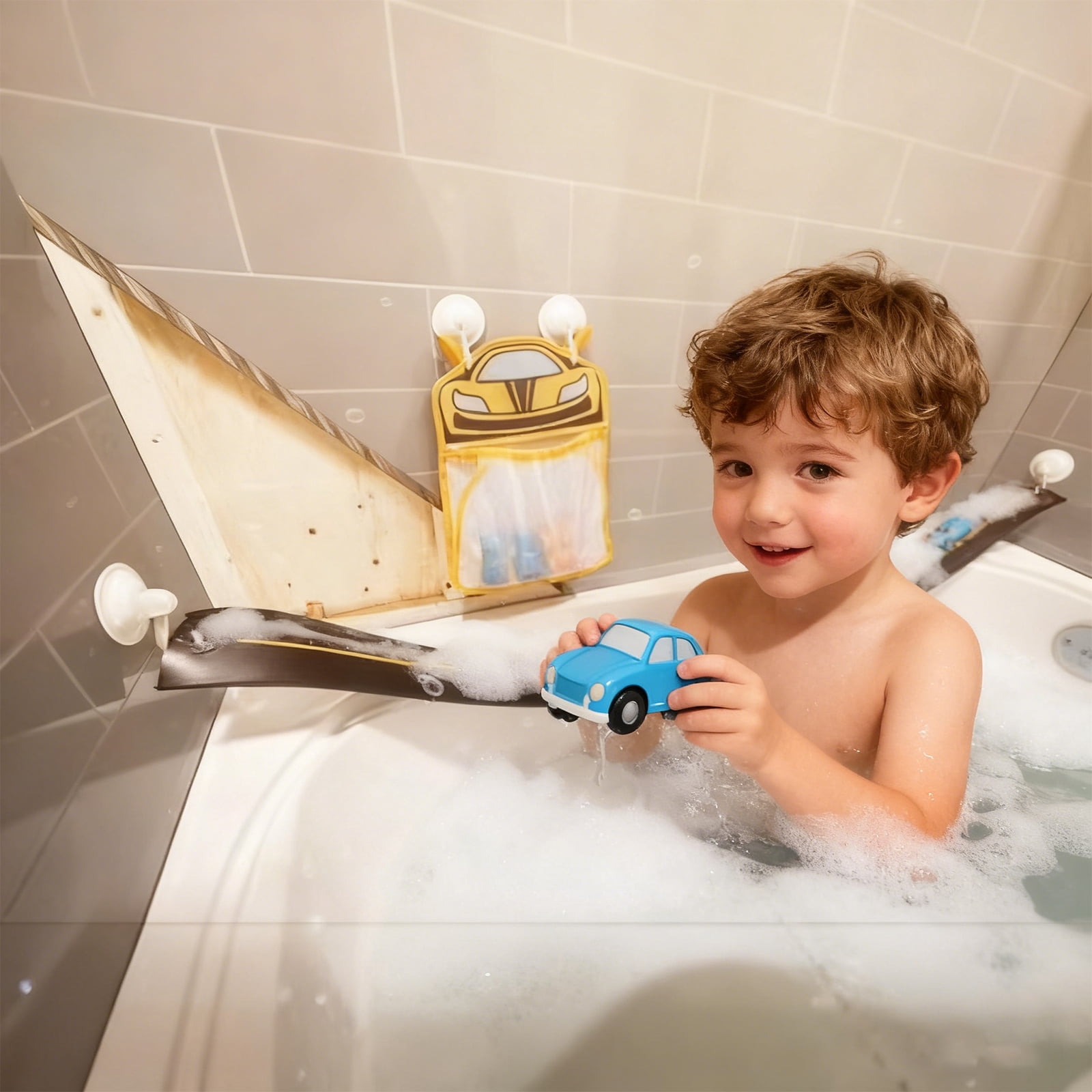Dual Track Racing Car Suction Cup Slide Kids Bathroom Water Toy, Toddler Shower Time Distraction Interactive Water Table Play Routine, Non Toxic BPA Free Smooth Wall Mount Game For Babies Toddlers