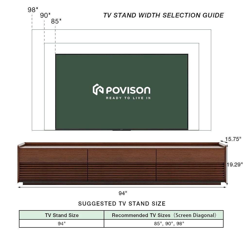 POVISON-94.49'' Mid-Century TV Stand, Modern Entertainment Center, Cabinet with Adjustable Light, Walnut, Fully-Assembled, Perfect for 85-inch TVs