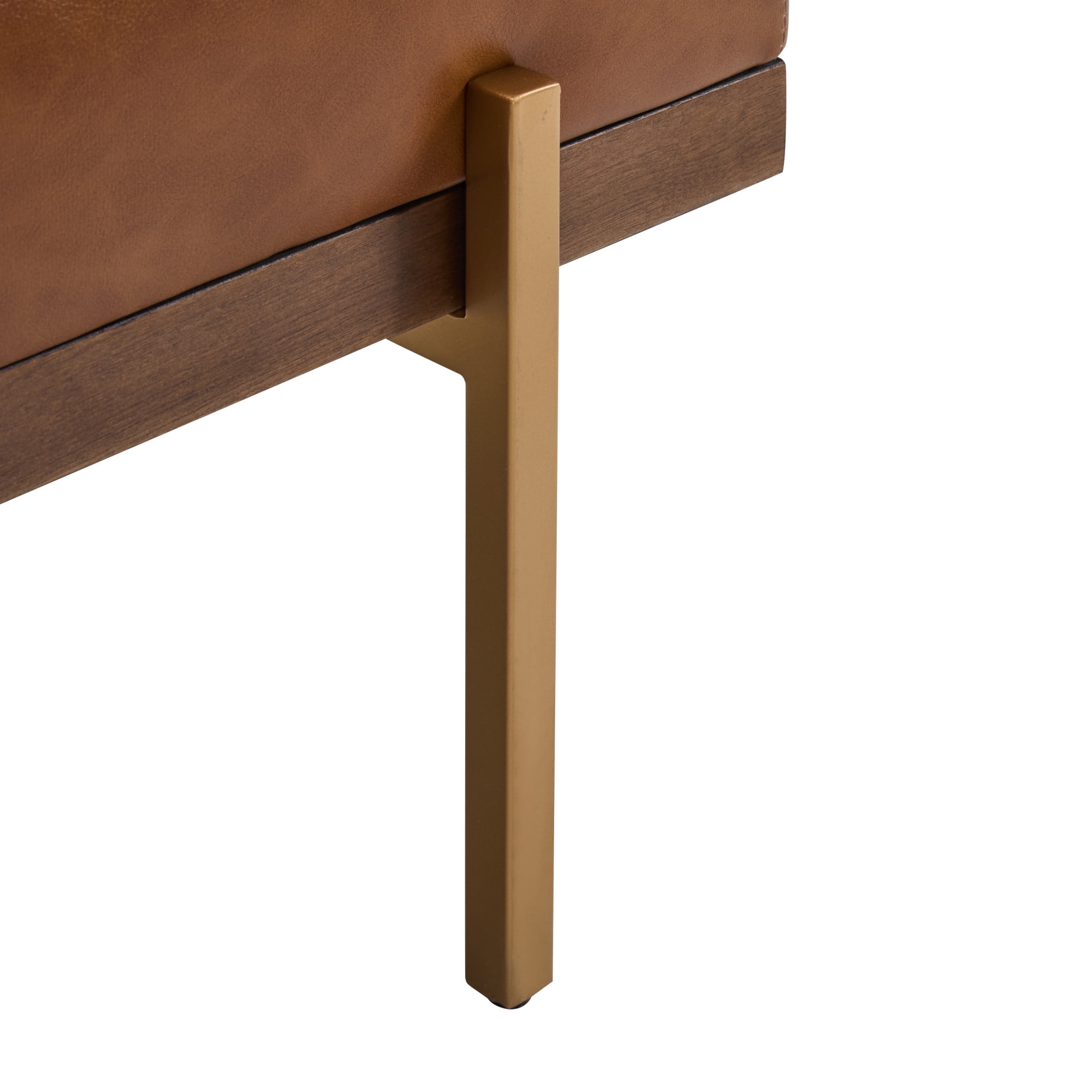 Modern PU Upholstered Bench with Channel Tufting, Metal Base, Brown+Gold