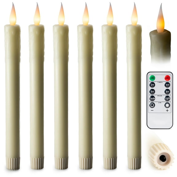WYZworks 6 Pack, 10" LED Flameless Ivory Real Wax Drip Taper Pillar Candles w/Remote Control, On/Off Button, Dimmable, Flicker/Static Mode, Battery Operated, Holiday Christmas Menorah Wedding Decor