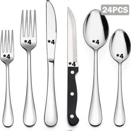

24 Pieces Matte Set with Steak Knives Stainless Steel Flatware Cutlery Hand Wash Recommended(silver)
