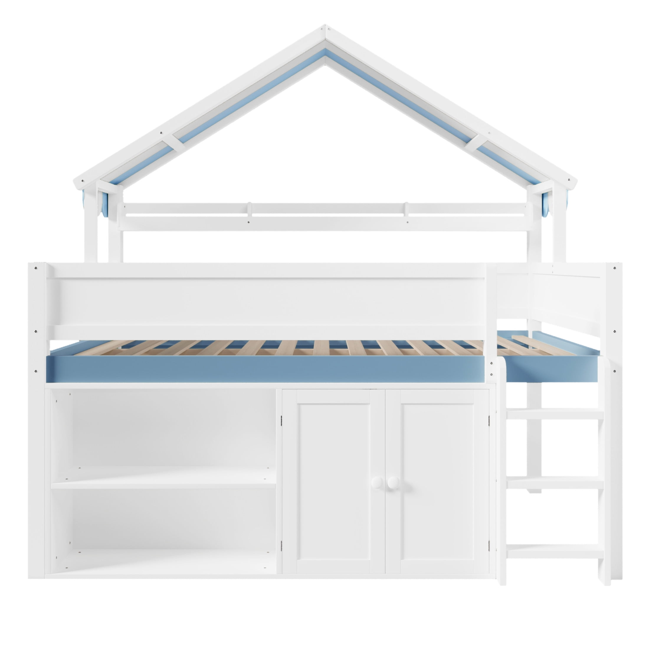 Noble House Devon Full Size Loft Bed, Playhouse Canopy Roof with Storage Cabinet and Shelves, White and Blue