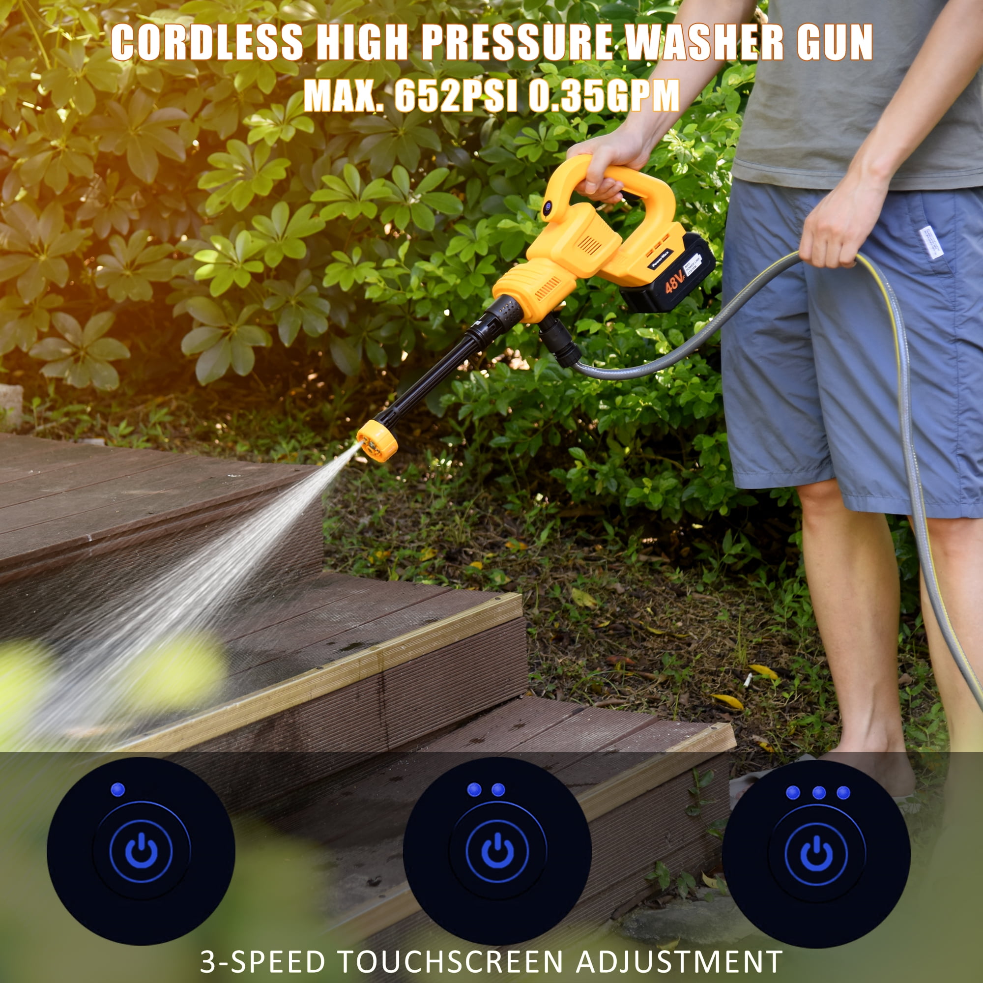 OIEXI Cordless Pressure Washer,652PSI Portable Power Washer with 2 Batteries,3-Speed Touchscreen Adjustable Battery Pressure Washer with 6-in-1 Nozzle,Great for Cleaning Windows,Patio,Cars(Yellow)