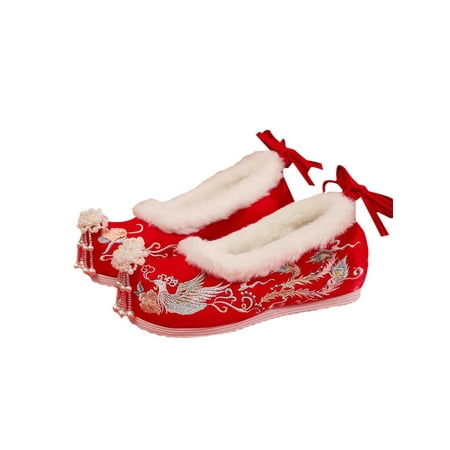 

Wazshop Womens Flats Embroideried Bridal Shoe Chinese Style Hanfu Shoes Cotton Traditional Women Hidden Wedge Non-slip Red Low Heel Winter Warm Plush Lined 7