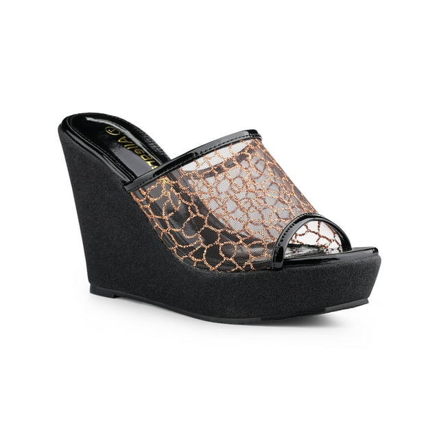 BLISSFUL STEP Women's Sandals Platform Wedges Glitter Slide Sandals Black Gold 8