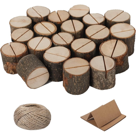 MRLESS 20-Pack Wood Place Card Holders with Tree Stump Design, Wedding Seating Cards Base, Includes Cards and Jute Rope