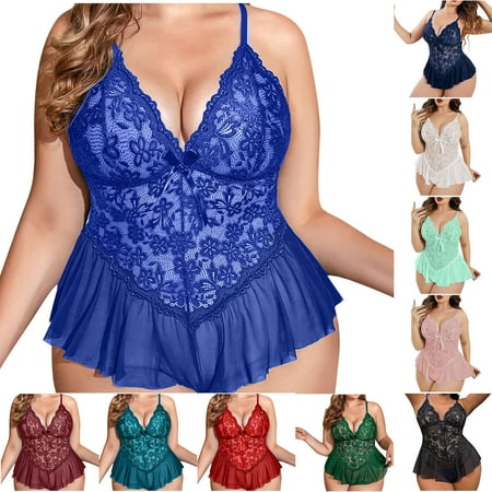 BiZtdJrK Weekly Prime  Plus Size Lingerie for Women Lace Bodysuit Deep V Neck Ruffles One Piece Rompers Summer Hollow Out Pajamas Pink XXXL
