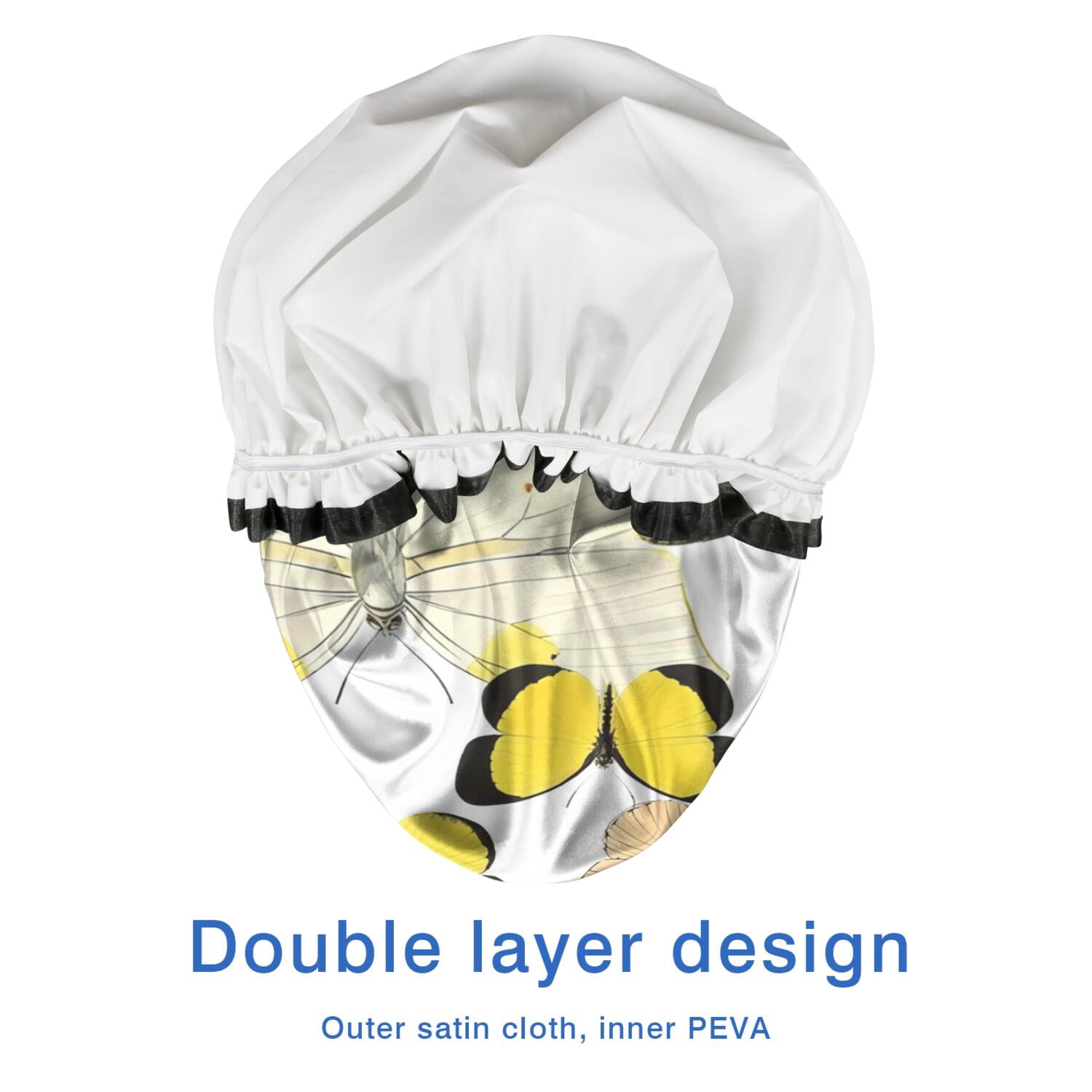 Shower Caps,Yellow Butterfly Pattern Waterproof Shower Cap for Women 4 Pieces,Double Reusable Hair Cover for Shower PEVA Elastic Stretch Hem