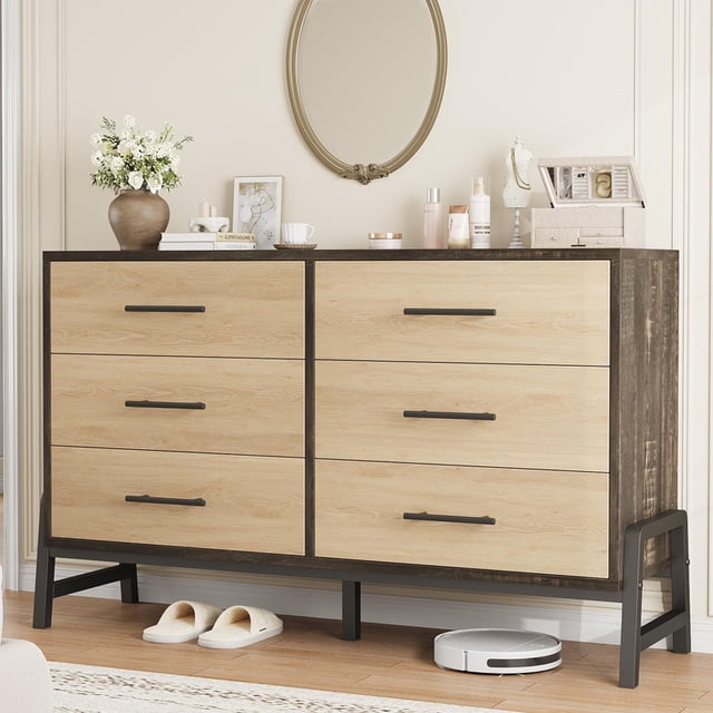 6 Drawer Dresser for Bedroom – 52" Wide Large Storage Chest, Freestanding Wooden Closet Storage Cabinet with Polished Natural Oak Finish