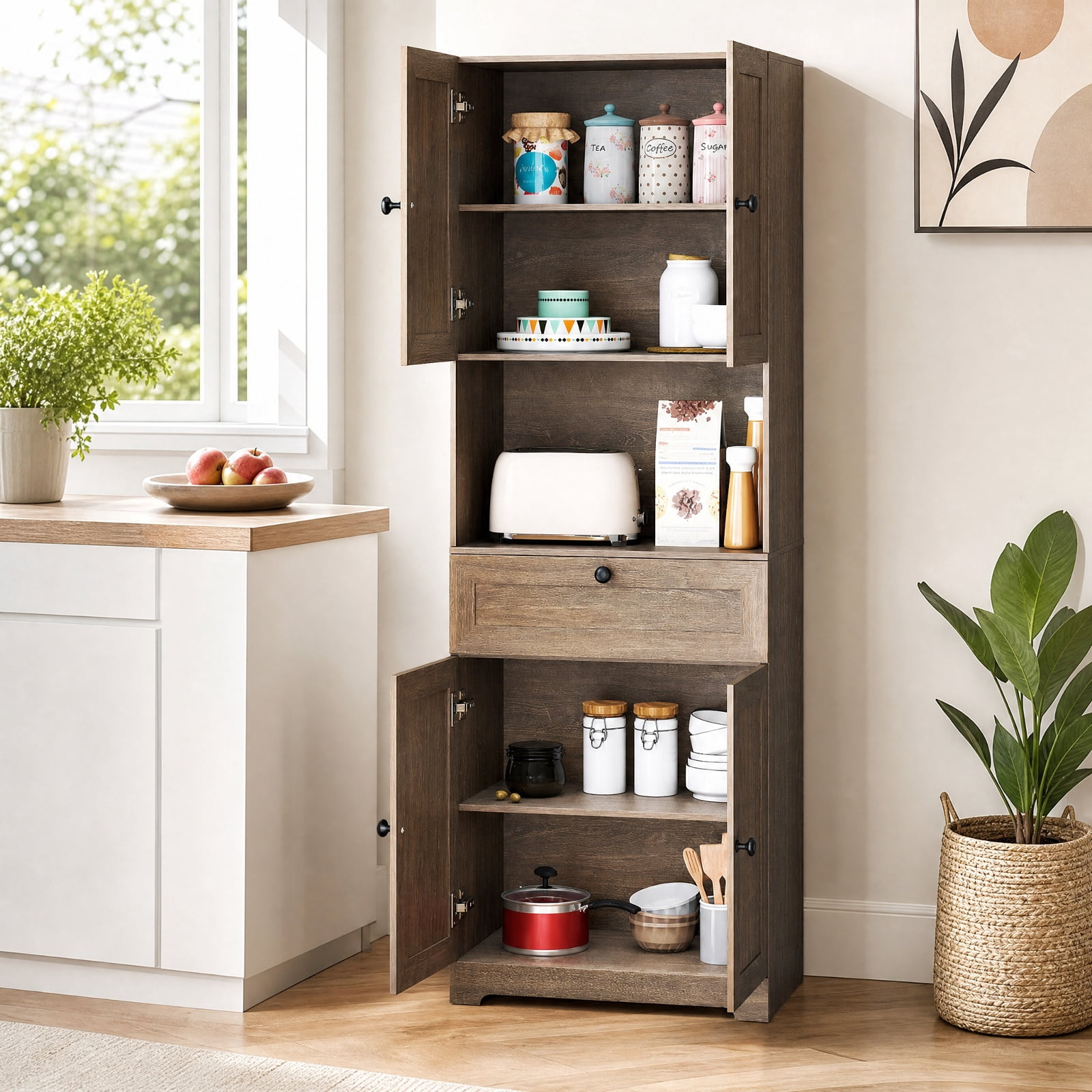 Furnibear 67.5 Inch Tall Modern Freestanding Floor Storage Cabinet with 4 Doors and 1 Drawer for Living Room Bedroom Entryway Hallway Storage, Oak