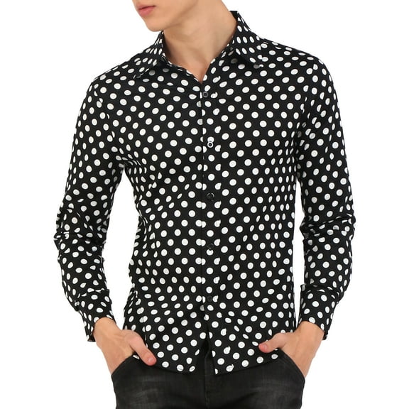 Unique Bargains Men's Long Sleeve Button Slim Polka Dots Shirt 34 Black