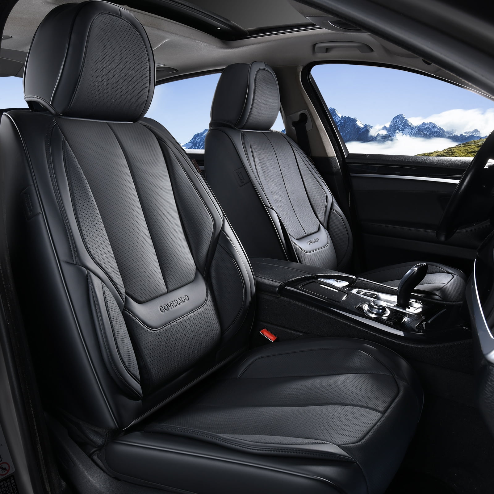 Coverado Black Car Seat Covers Full Set, Waterproof Premium Leather Front and Back Seat Protectors, Luxury Auto Interior Accessories, Universal Fit Most Cars Sedan SUVs Pick-up Trucks