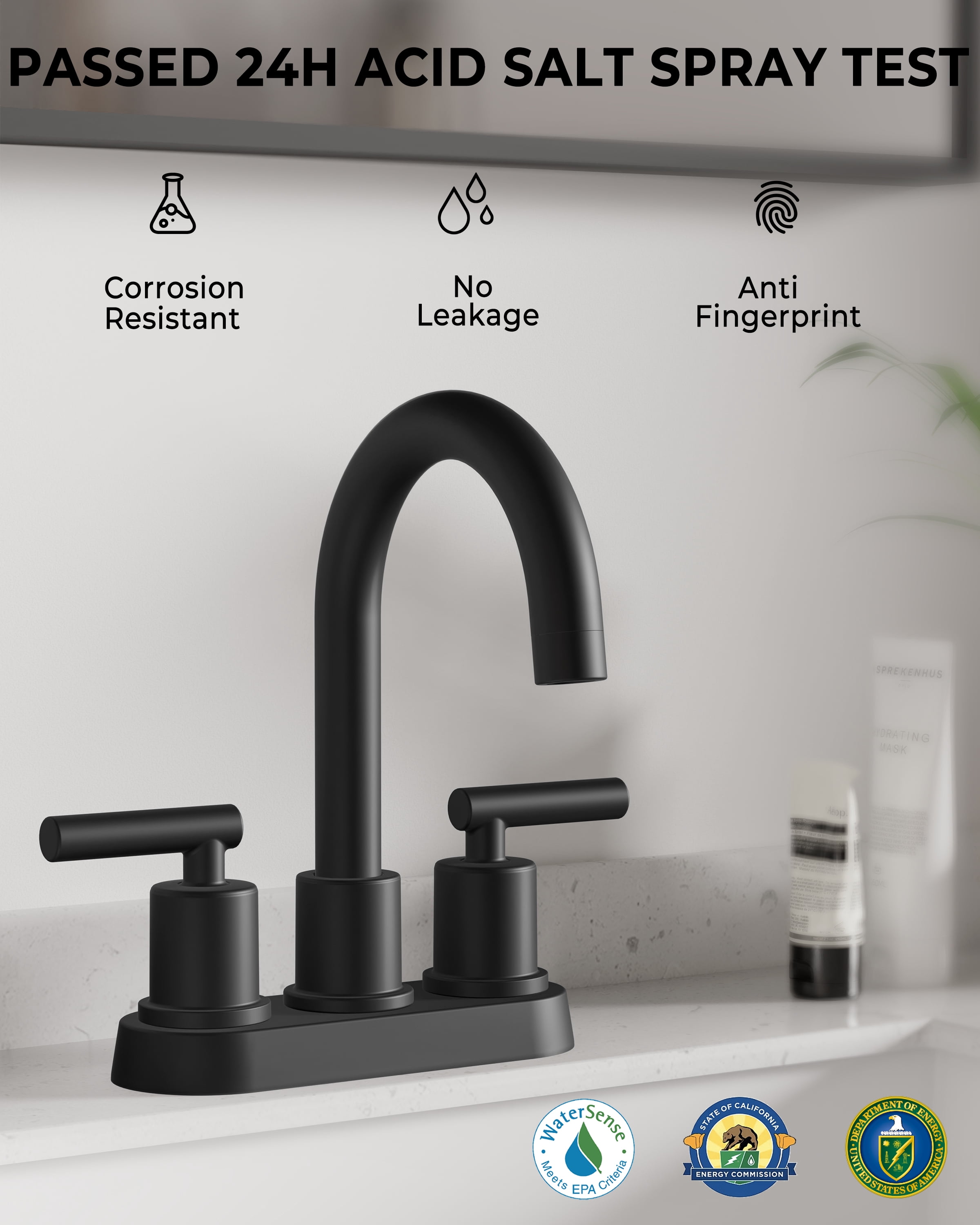 VXV Bathroom Faucet 4 Inch 2 Handle Centerset Utility Lavatory Vanity Faucet Modern 360 Rotating Black Faucet with Pop-up Drain Stopper Assembly and Supply Lines Fit 2 or 3