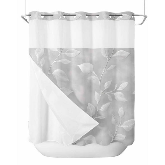 No Hook Shower Curtains with Snap in Liner, Silver Gray Leaves Waterproof Fabric Shower Curtain, Modern Abstract Botanical Branches Double Layers & See-Through Top Window Bathroom Curtains 72''x72''