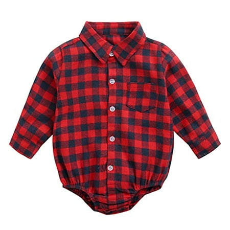 

StylesILove Infant Baby Boys Classic Plaid Long Sleeve Button-Down Shirt Cotton Bodysuit Winter Fall Christmas Romper (Red 18 Months)