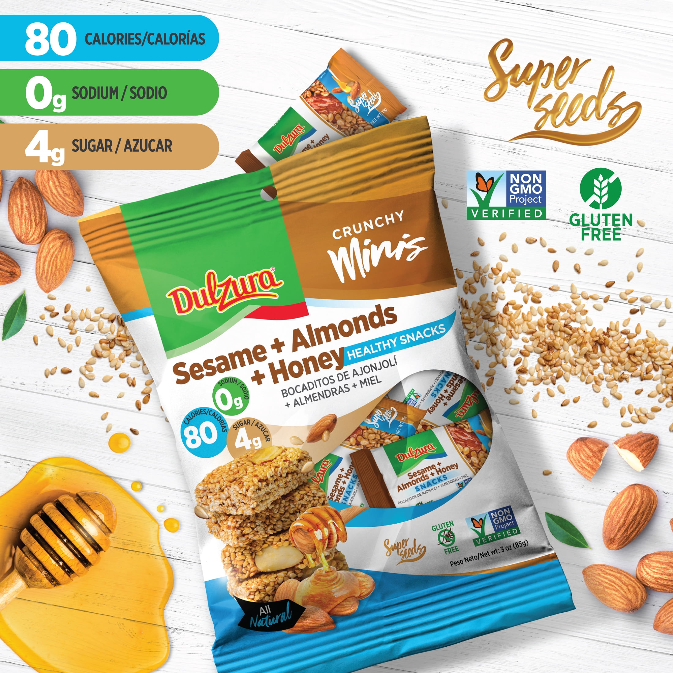 (7 pack) Dulzura Sesame Honey Almonds 2.64oz, Snack Breakfast Bar, with a crunchy texture