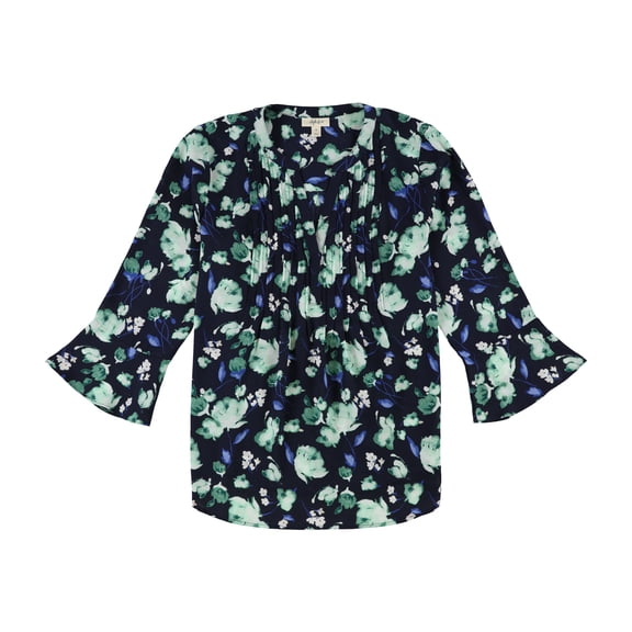 Style & Co. Womens Pintuck Floral Knit Blouse, Blue, Medium