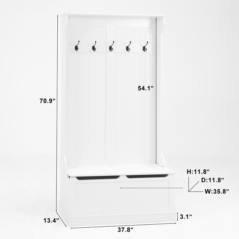 Hall Tree with Shoe Storage Bench & 5 Hooks,Coat Rack with Hidden Storage, Standing Entryway Organizer for Mudroom, Living Room,White