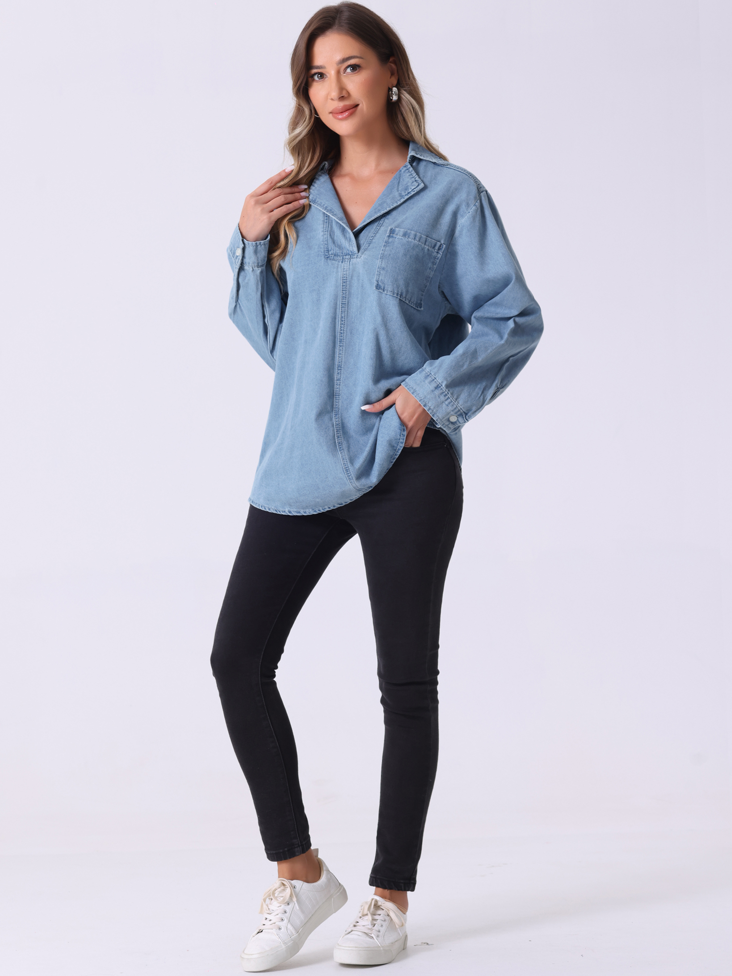 DARING DIVA Women's V Neck Long Sleeve Denim Blouses S Light Blue