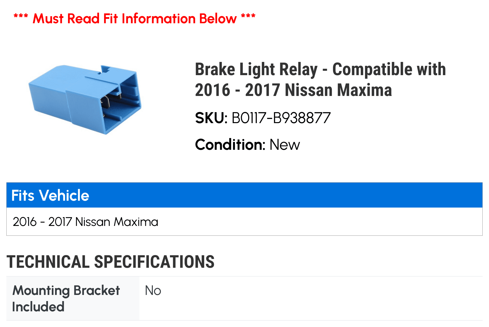Brake Light Relay - Compatible with 2016 - 2017 Nissan Maxima
