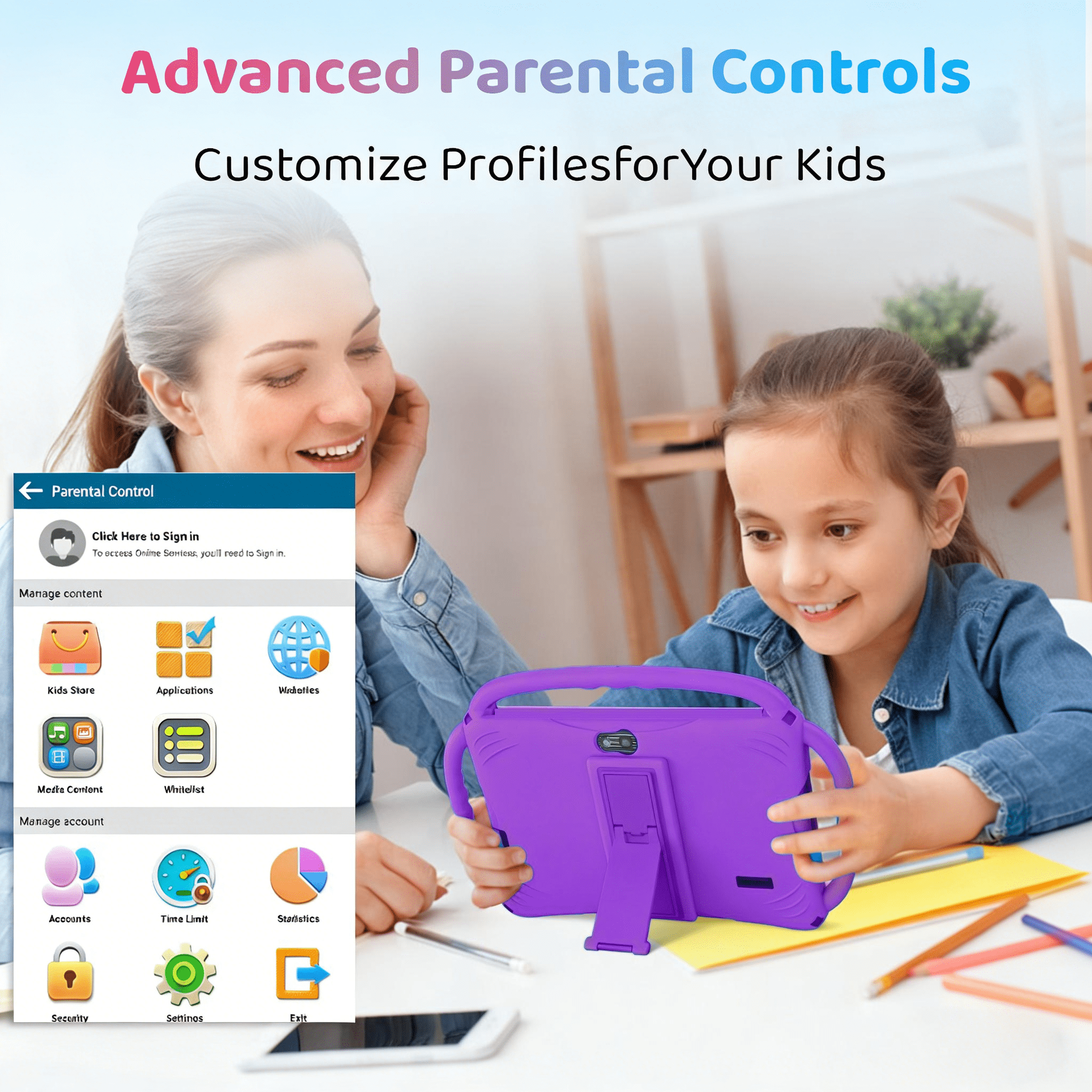 Kids Tablet 7 inch Android for Toddler, 6GB RAM 32GB ROM Bluetooth IPS Screen Parental Control Dual Camera Shockproof Case for Educational Games (Purple)