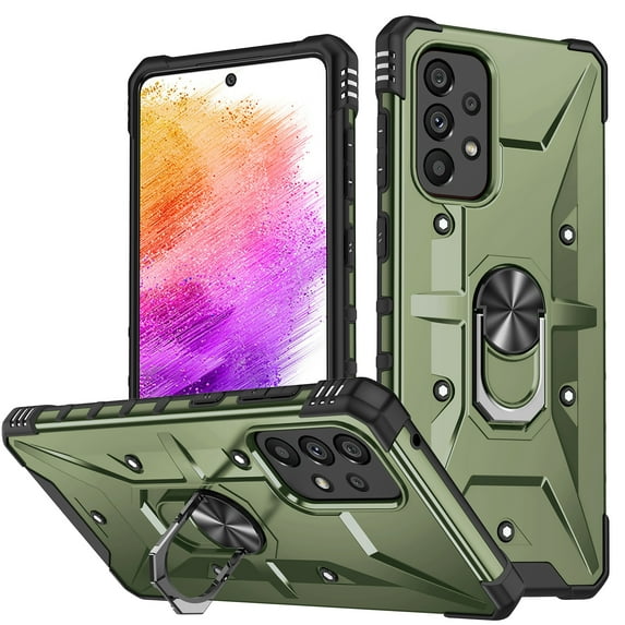 ELEHOLD Heavy Duty Rugged Case for Samsung Galaxy A53 5G, 360° Rotation Ring Holder Kickstand Function Anti-Slip Work with Magnetic Car Mount Shockproof Protective Case,Armygreen