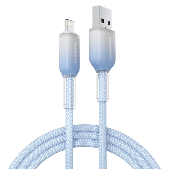 Powertek Frosty MFi Certified USB-A to Lightning Braided Charging Cable, 6 ft, Blue