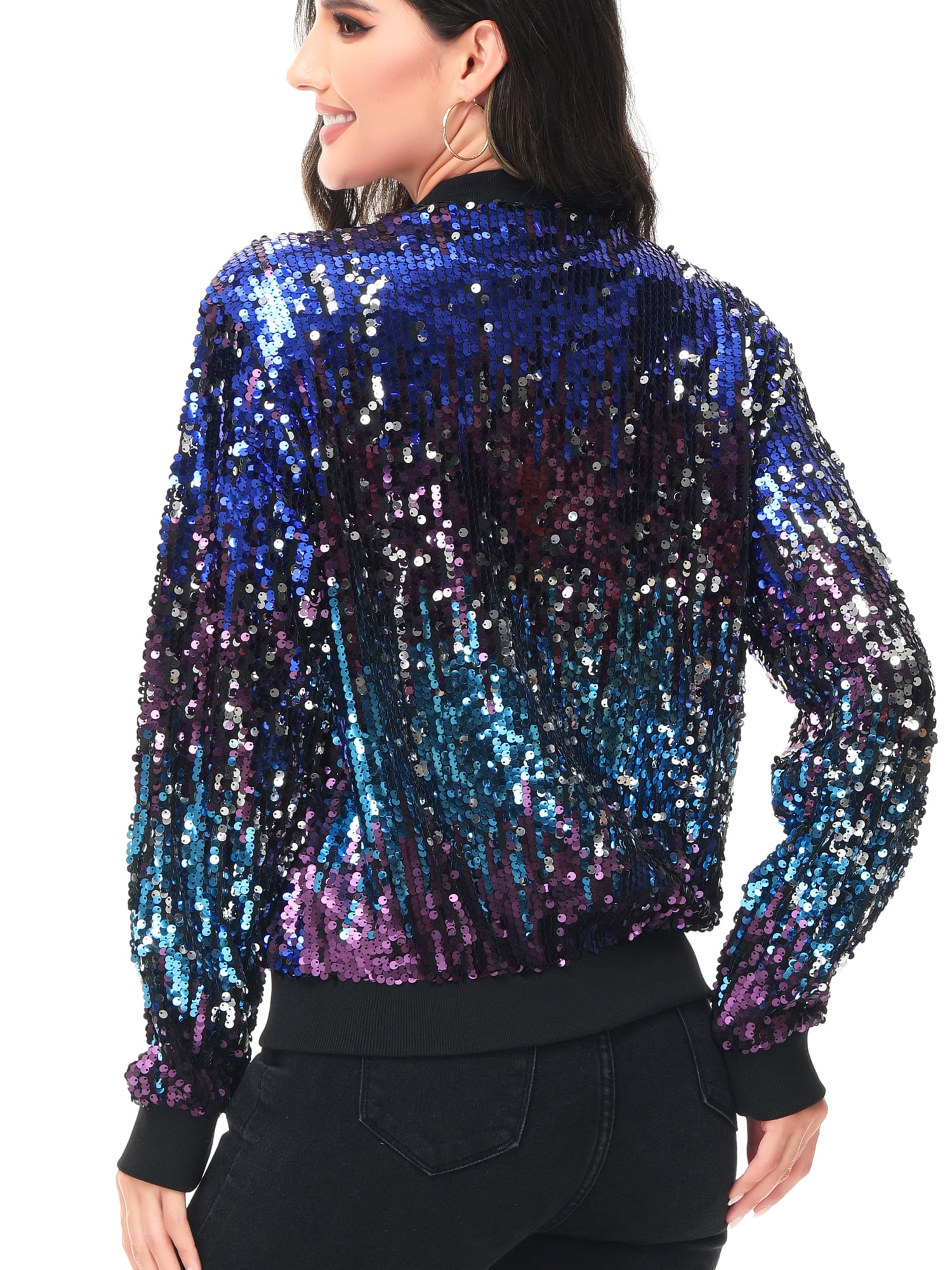 Fashion Womens Sequin Long Sleeve Front Zip Jacket with Ribbed