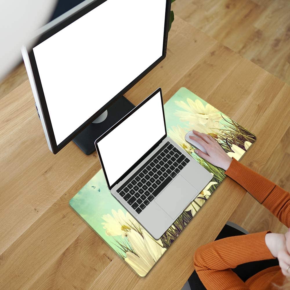 armdgodx Non Slip Waterproof PU Leather Multifunctional Desk Pad, 31.5 × 15.7, Daisies in Summer