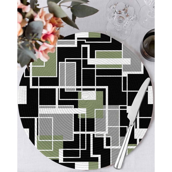 13 Inch Round Placemats Set of 4, Sage Green Black Geometric Non Slip Heat Insulation PP Table Mats, Modern Abstract Art Block Washable Place Mats for Kitchen Dining Party Table Decor