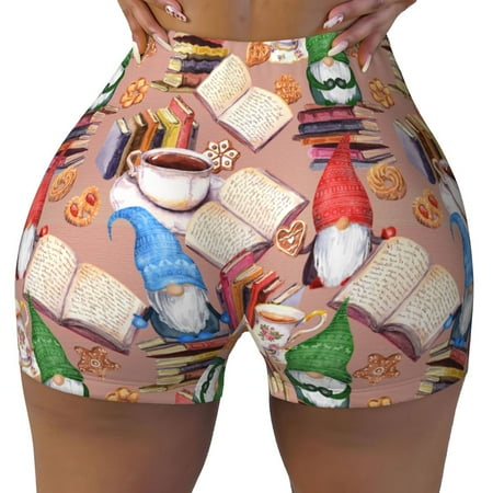 Workout Shorts Women  Gnomes Books Tea Cups Biker Shorts for Women Running Gym Spandex Shorts Tummy Control