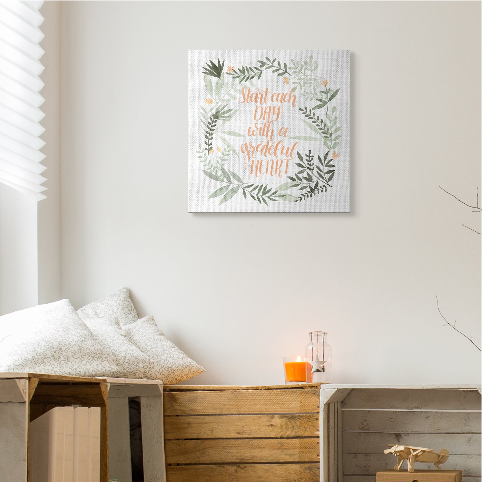 Stupell Industries Grateful Heart Phrase Soft Green Floral Plants Inspirational Painting Gallery Wrapped Canvas Art Print Wall Art, 24 x 24